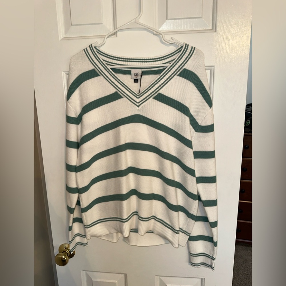CAbi Teal and White V-Neck Striped Sweater